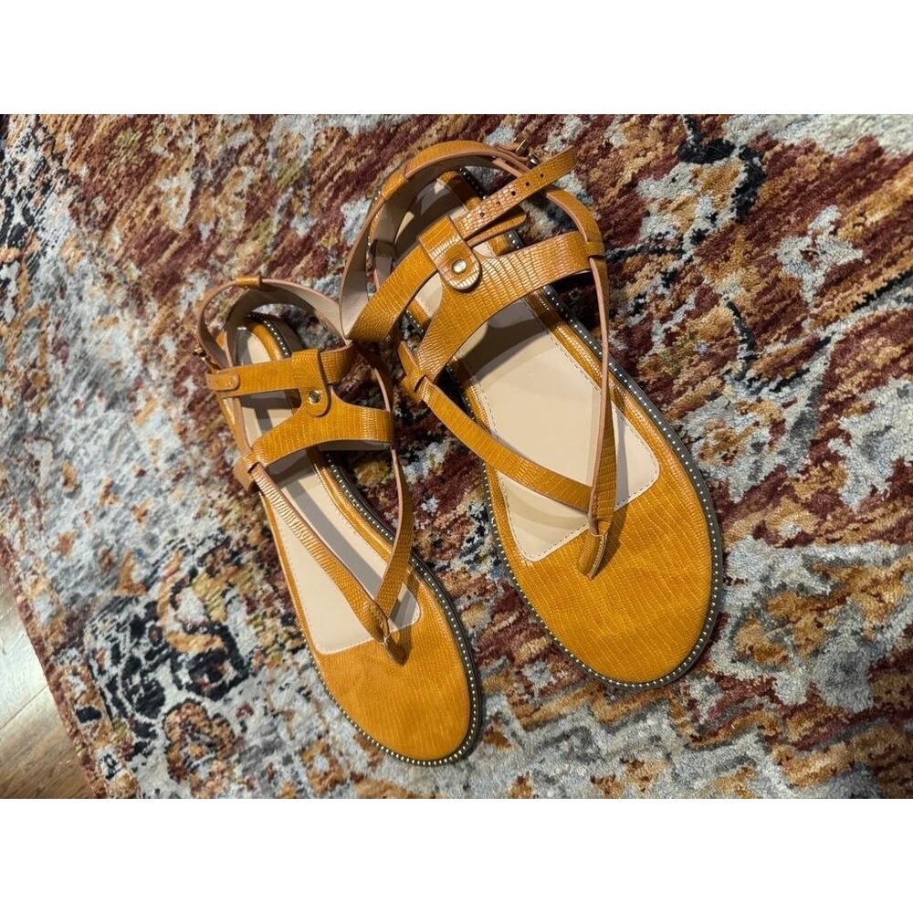 Vince Mustard Yellow Lizard-Embossed Leather Strappy Flat Sandals